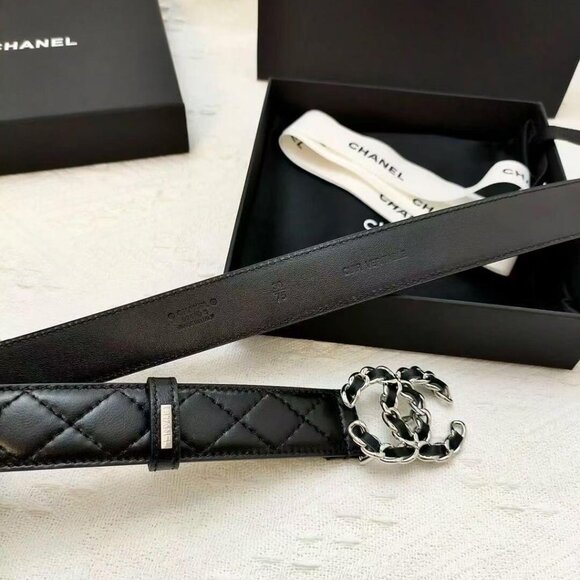 Chanel Letter Logo Smooth Clasp Leather Belt Women\'s Style Black